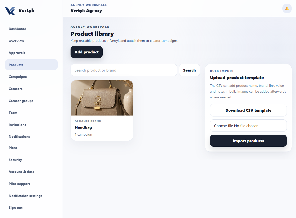 Vertyk organisation product library