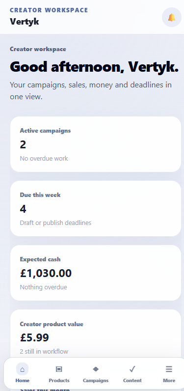 Vertyk creator mobile dashboard